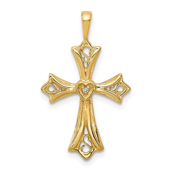 14kt Yellow Gold AA Diamond Cross w/ Heart Center Pendant