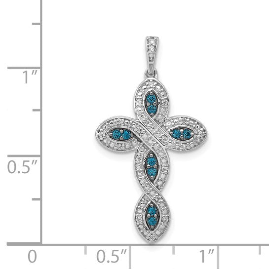 14kt White Gold White and Blue Diamond Cross Pendant