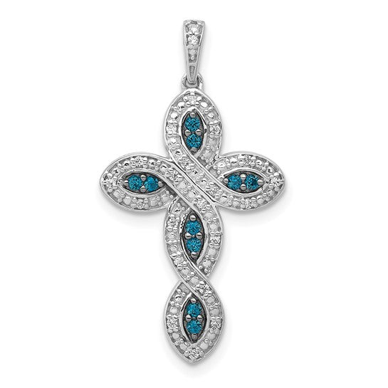 14kt White Gold White and Blue Diamond Cross Pendant