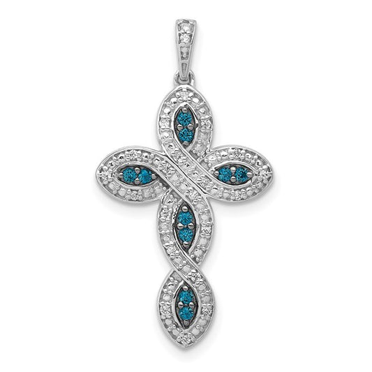 14kt White Gold White and Blue Diamond Cross Pendant