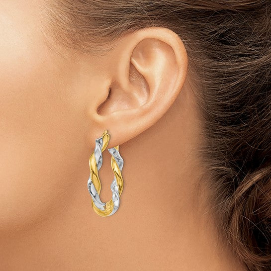 14kt Yellow Gold w/White Rhodium Twisted Hoop Earrings