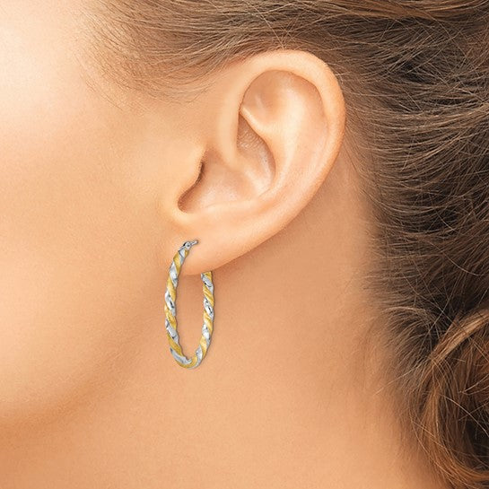 14kt Yellow Gold & White Rhodium Twisted Hoop Earrings