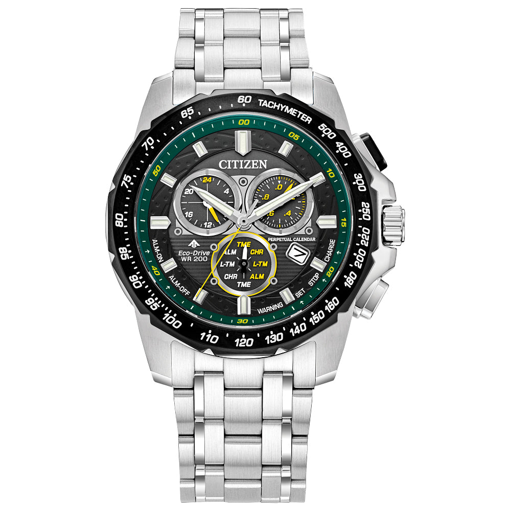 Citizen Promaster MX BL5578‑51E: 43 mm stainless steel bracelet watch with black dial and green/yellow accents