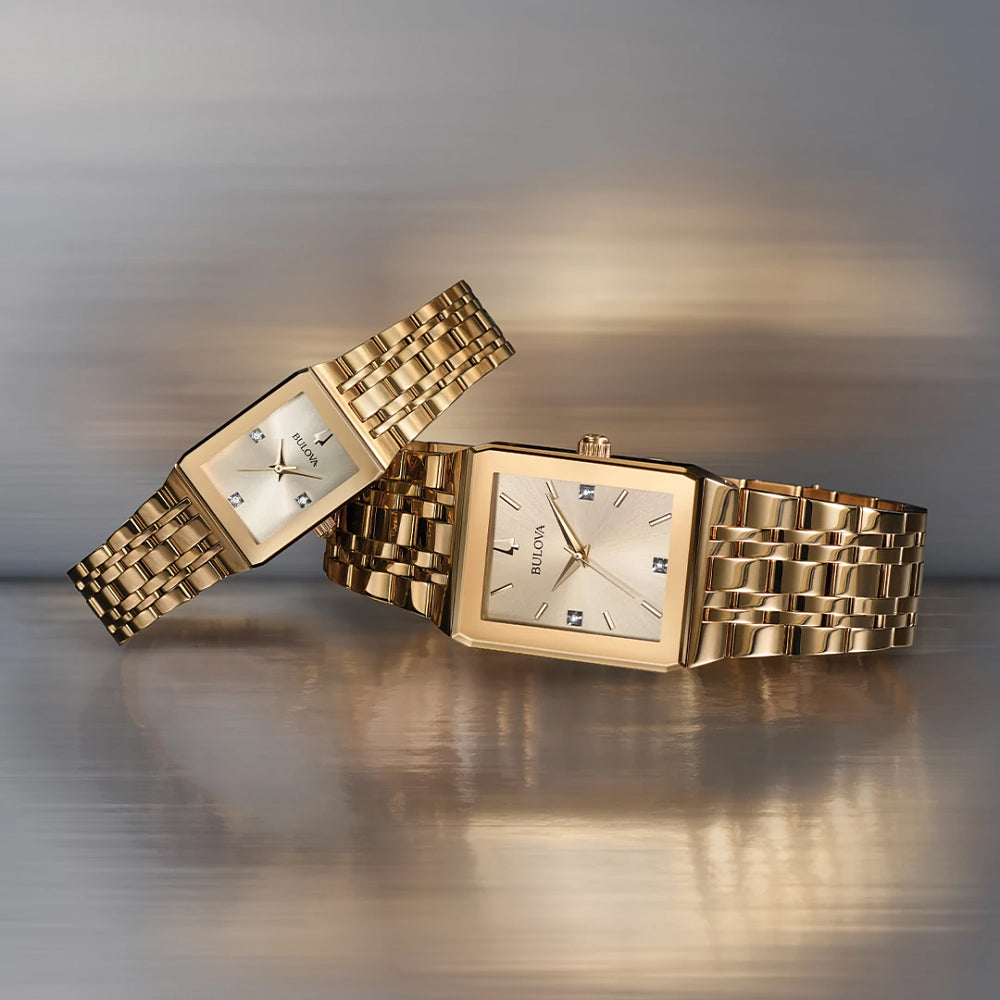 Men's Bulova Futuro Quadra Diamond Accent Gold-Tone Watch with Rectangular Champagne Dial