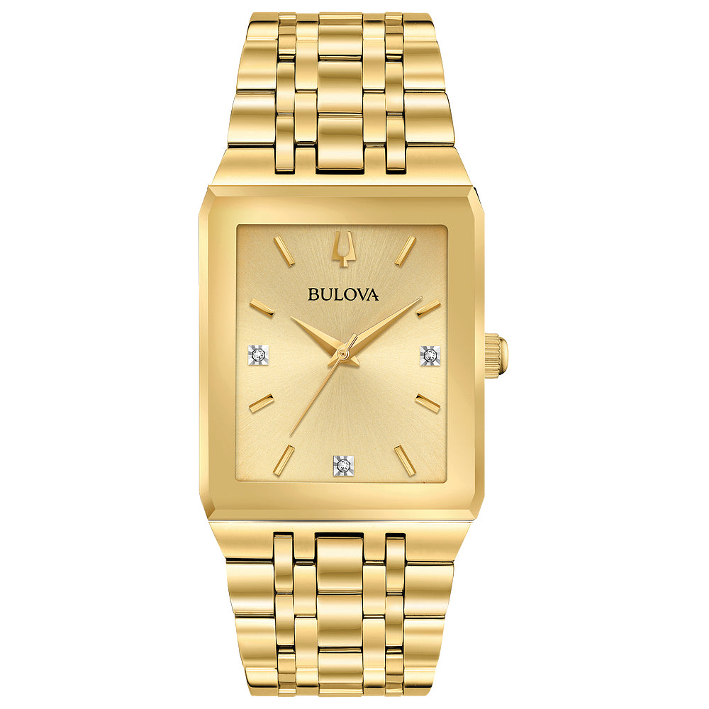 Men's Bulova Futuro Quadra Diamond Accent Gold-Tone Watch with Rectangular Champagne Dial (Model: 97D120)