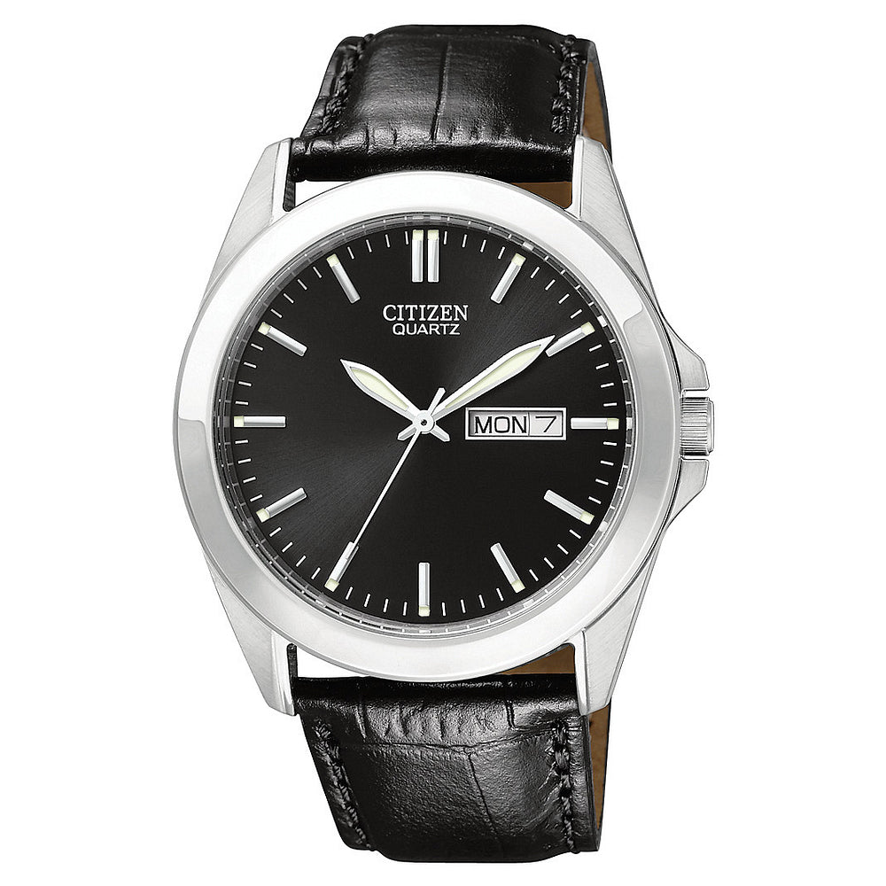 Citizen Men's Quartz Stainless Watch Black Leather Strap Black Dial