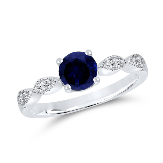 14K WHITE GOLD LAB SAPPHIRE 0.08CTW DIAMOND RING