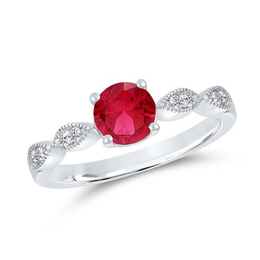 14K WHITE GOLD LAB RUBY 0.08 CTW DIAMOND RING