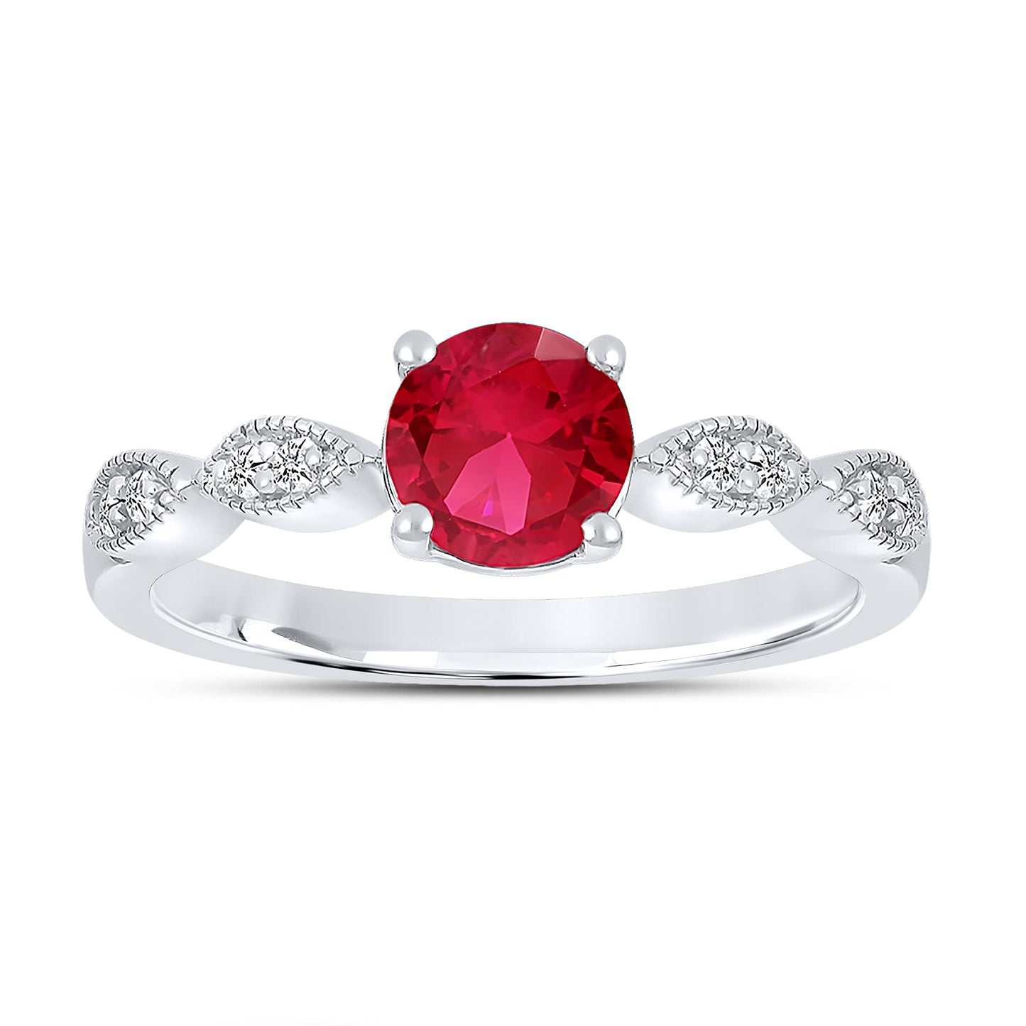 14K WHITE GOLD LAB RUBY 0.08 CTW DIAMOND RING