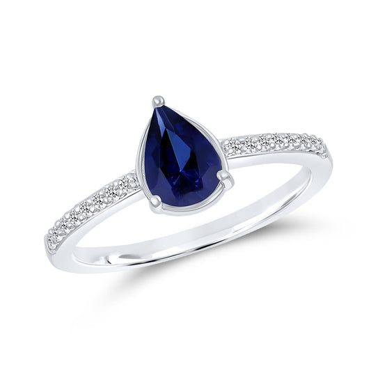 14K WHITE GOLD LAB SAPPHIRE 0.10 CTW DIAMOND RING