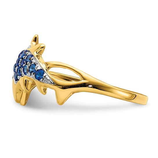 14kt Yellow Gold w/ Rhodium Diamond and Sapphire Dolphins Ring
