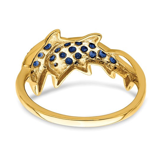14kt Yellow Gold w/ Rhodium Diamond and Sapphire Dolphins Ring