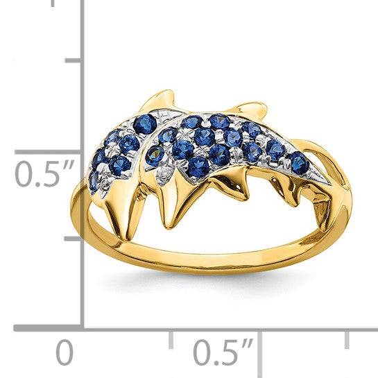 14kt Yellow Gold w/ Rhodium Diamond and Sapphire Dolphins Ring