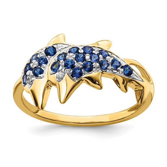 14kt Yellow Gold w/ Rhodium Diamond and Sapphire Dolphins Ring