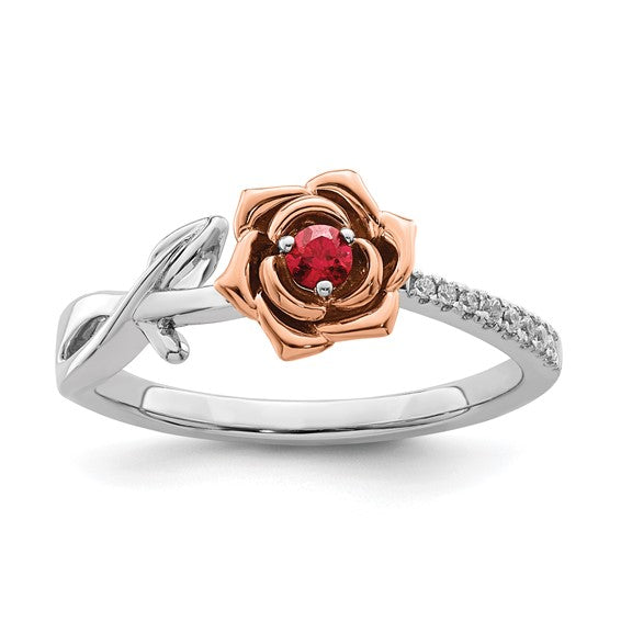 14KT Two-tone White & Rose Ruby and Diamond Flower Ring