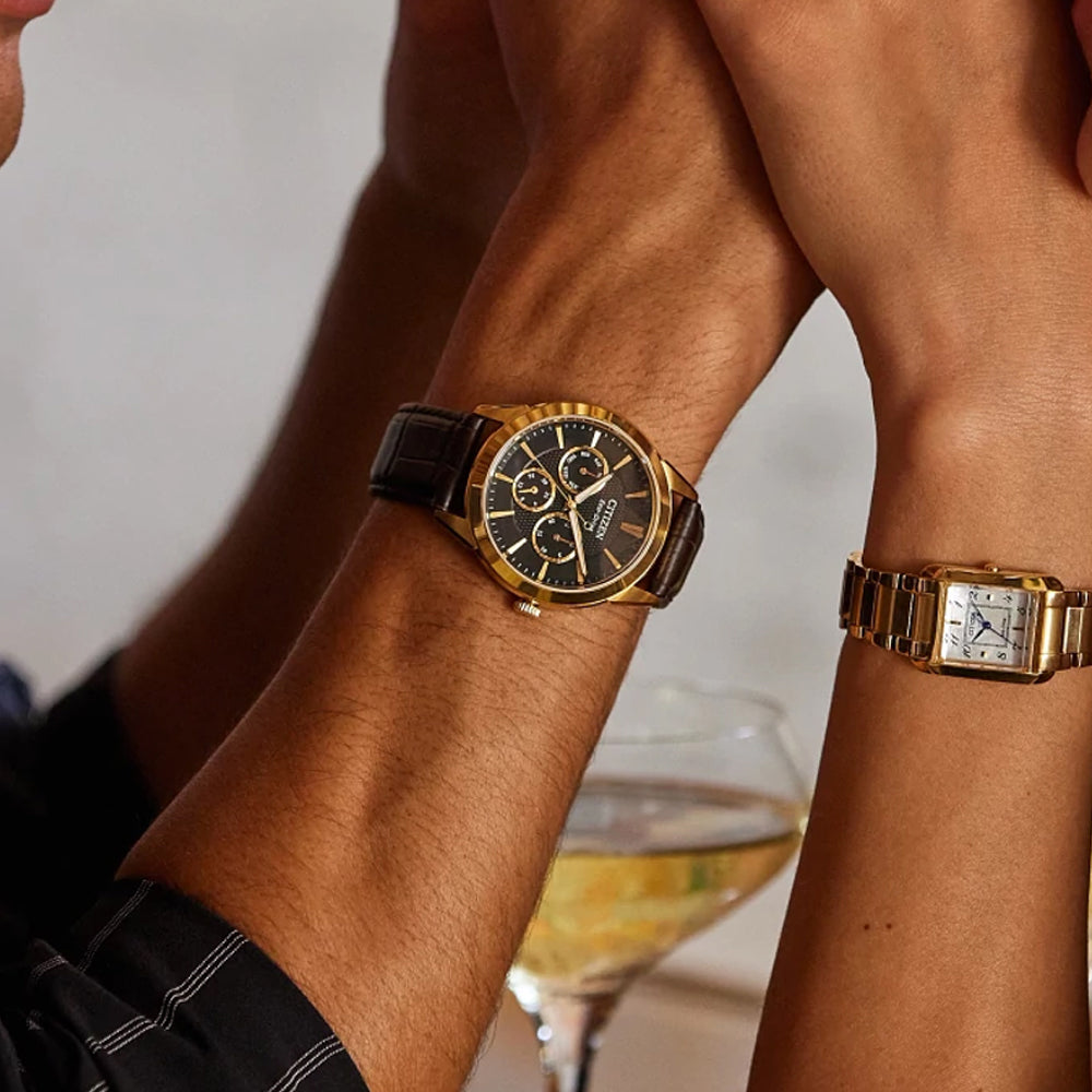 Men's Citizen Rolan Watch in Gold-Tone Stainess Steel with Brown Leather Strap