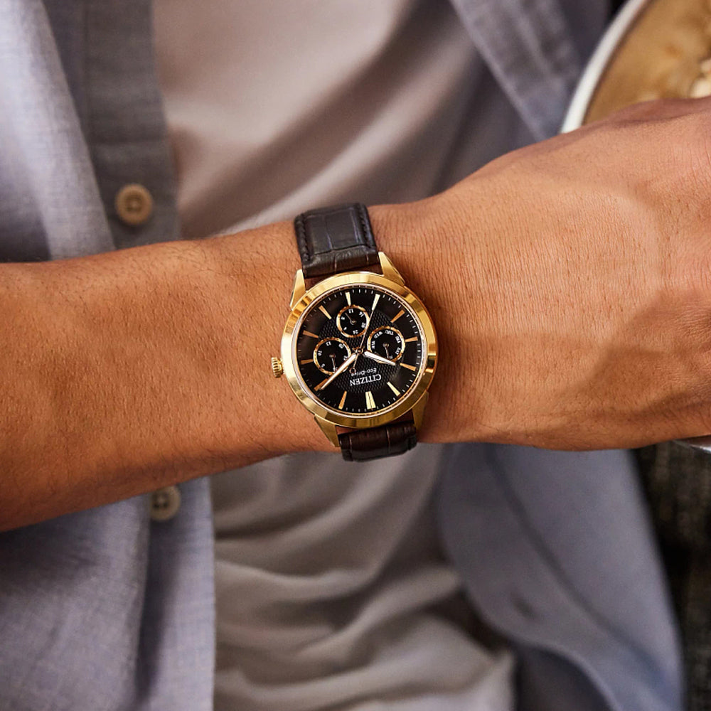 Men's Citizen Rolan Watch in Gold-Tone Stainess Steel with Brown Leather Strap