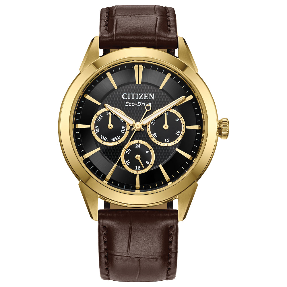 Men's Citizen Rolan Watch in Gold-Tone Stainess Steel with Brown Leather Strap (Model: BU2112-06E)