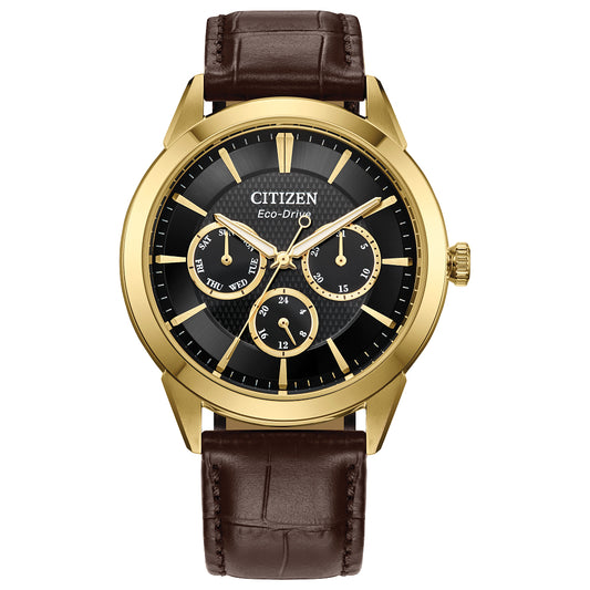 Men's Citizen Rolan Watch in Gold-Tone Stainess Steel with Brown Leather Strap