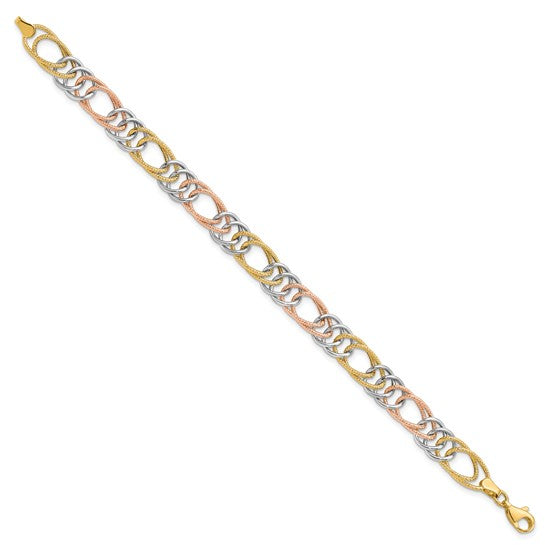 14kt Tri-Color Polished/Textured Fancy Double Link Bracelet