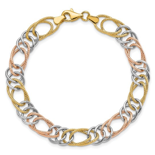 14kt Tri-Color Polished/Textured Fancy Double Link Bracelet