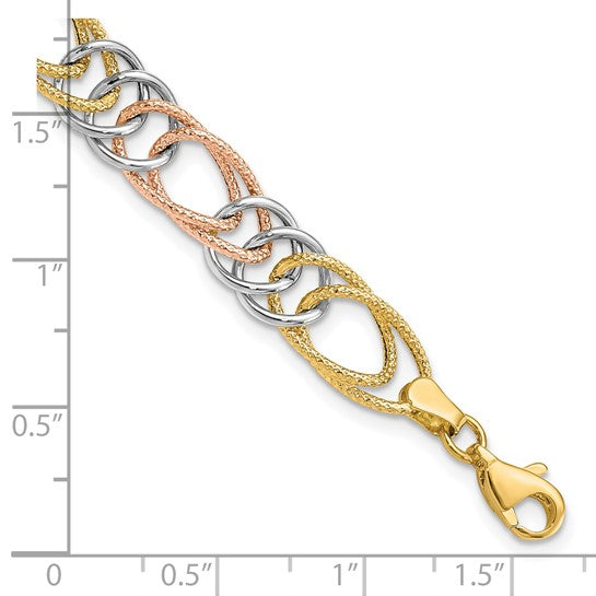 14kt Tri-Color Polished/Textured Fancy Double Link Bracelet
