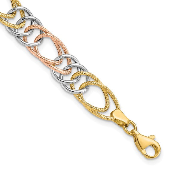 14kt Tri-Color Polished/Textured Fancy Double Link Bracelet