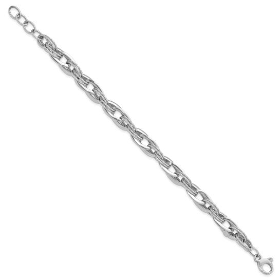14kt White Gold Polished and Textured Fancy Link 8 inch Bracelet