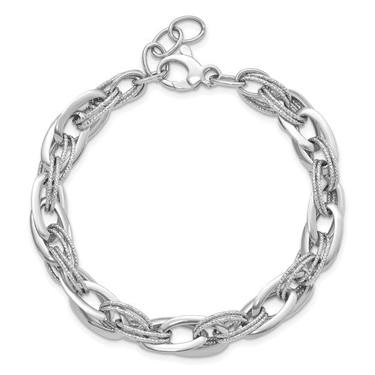 14kt White Gold Polished and Textured Fancy Link 8 inch Bracelet