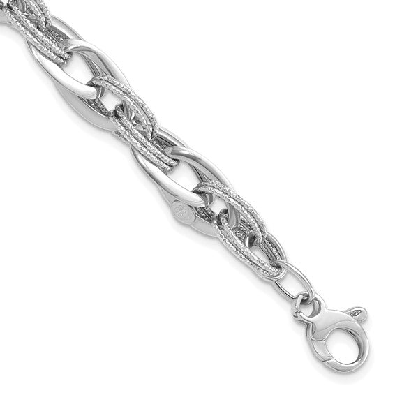 14kt White Gold Polished and Textured Fancy Link 8 inch Bracelet
