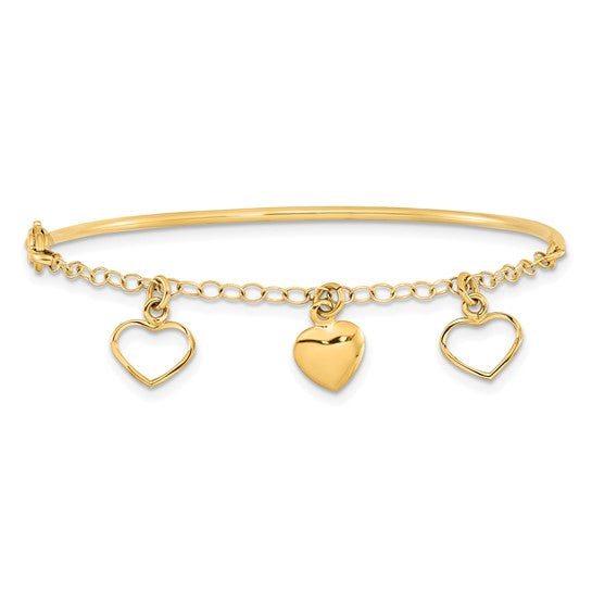 14kt Yellow Gold Polished Dangle Heart Chain Bangle