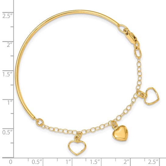 14kt Yellow Gold Polished Dangle Heart Chain Bangle
