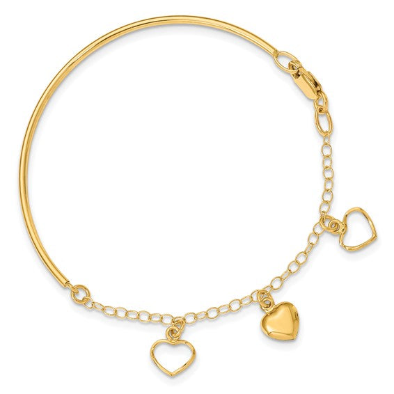 14kt Yellow Gold Polished Dangle Heart Chain Bangle