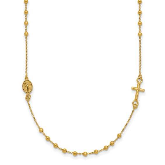 14kt Yellow Gold Polished Cross Rosary 16 inch Necklace