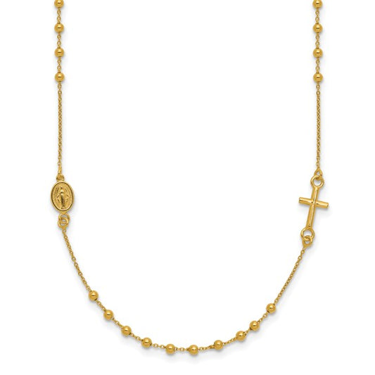 14kt Yellow Gold Polished Cross Rosary 16 inch Necklace