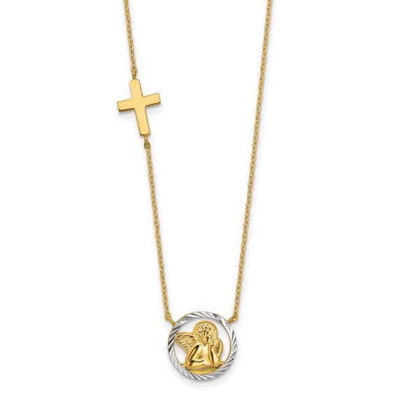 14kt Yellow Gold Rhodium-plated D/C Angel & Cross Necklace
