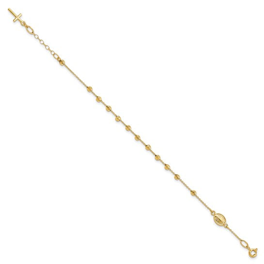 14kt Yellow Gold Polished D/C Cross and Miraculous Medal .75in ext. Bracelet