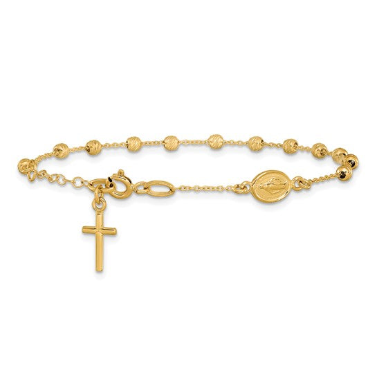 14kt Yellow Gold Polished D/C Cross and Miraculous Medal .75in ext. Bracelet