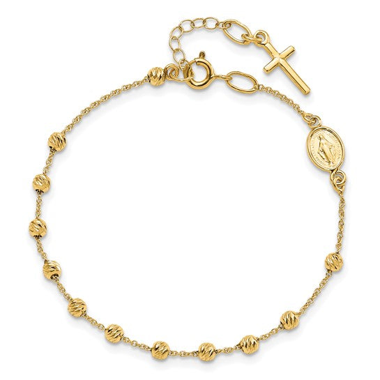 14kt Yellow Gold Polished D/C Cross and Miraculous Medal .75in ext. Bracelet