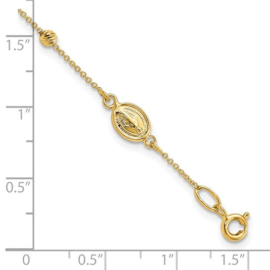 14kt Yellow Gold Polished D/C Cross and Miraculous Medal .75in ext. Bracelet