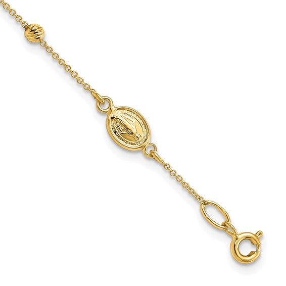14kt Yellow Gold Polished D/C Cross and Miraculous Medal .75in ext. Bracelet