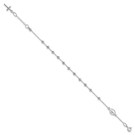 14kt White Gold D/C Cross and Miraculous Medal .75in ext. Bracelet