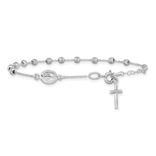 14kt White Gold D/C Cross and Miraculous Medal .75in ext. Bracelet
