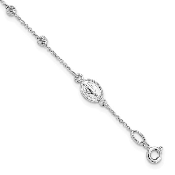 14kt White Gold D/C Cross and Miraculous Medal .75in ext. Bracelet