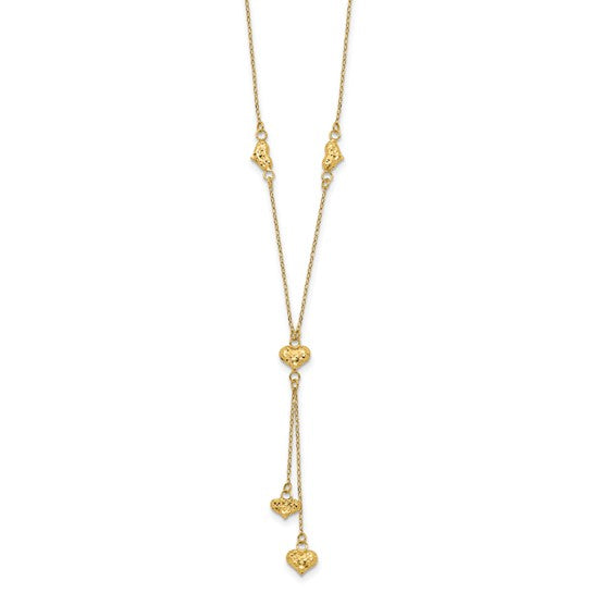 14kt Yellow Gold Polished Diamond-cut Puffed Hearts w/2in Ext. Y-Necklace