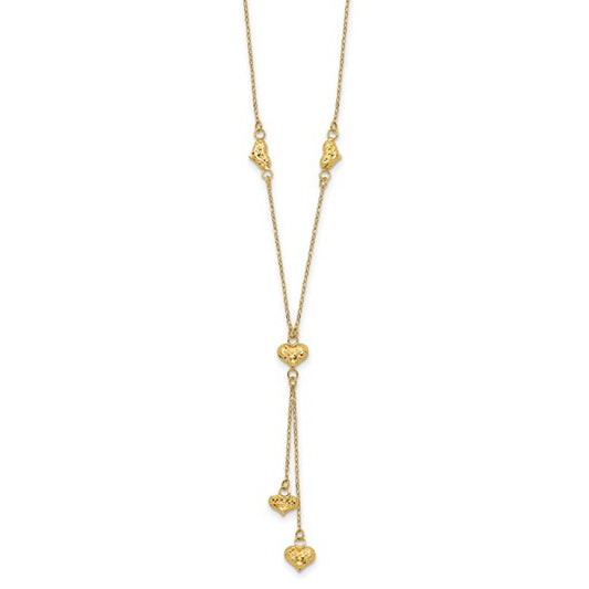 14kt Yellow Gold Polished Diamond-cut Puffed Hearts w/2in Ext. Y-Necklace