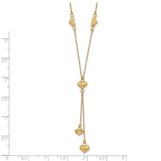 14kt Yellow Gold Polished Diamond-cut Puffed Hearts w/2in Ext. Y-Necklace
