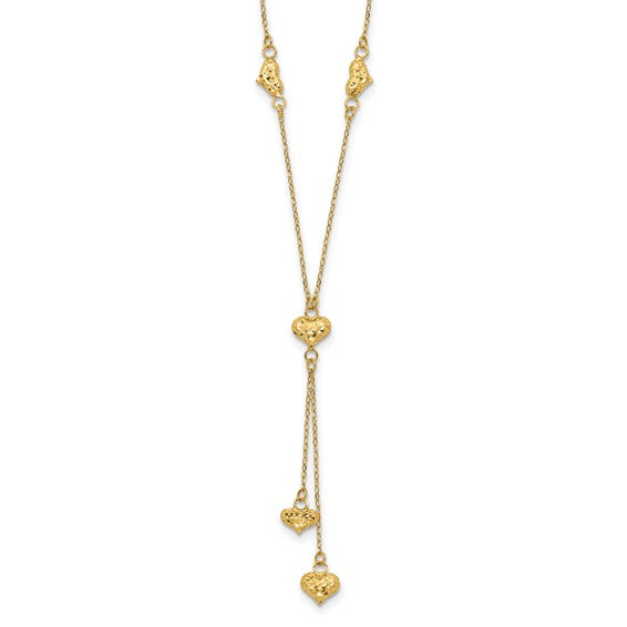 14kt Yellow Gold Polished Diamond-cut Puffed Hearts w/2in Ext. Y-Necklace
