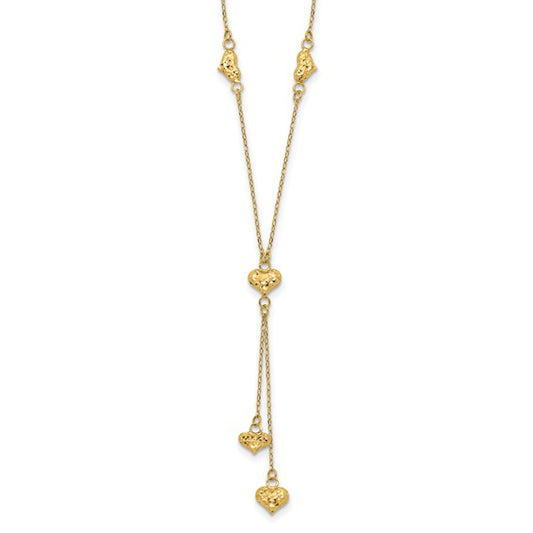14kt Yellow Gold Polished Diamond-cut Puffed Hearts w/2in Ext. Y-Necklace