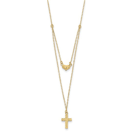 14kt Yellow Gold Polished 2-Strand D/C Cross & Heart w/2in. Ext. Necklace